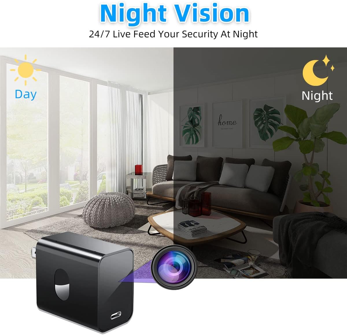 4K Spy Camera Hidden Camera Supports 2.4G5GHz WiFi, Small Mini Camera, Nanny Cam Hidden Camera with Human Detection, Night Vision, 160°Wide View-Angle, Type C Spy Camera Charger for Home Security