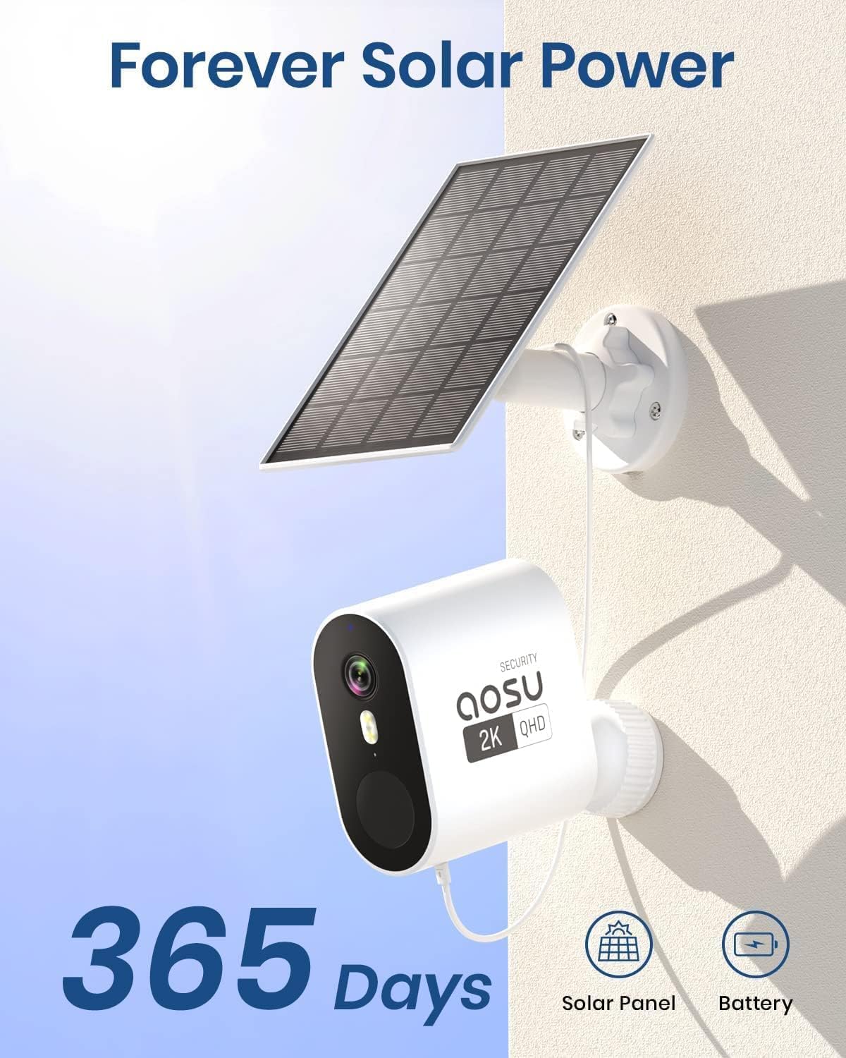 AOSU Solar Security Cameras Wireless Outdoor, No Subscription, 32GB Local Storage on Homebase, 2K, 166° View, Spotlight, Support 2.45G WiFi and Alexa  Google Assistant