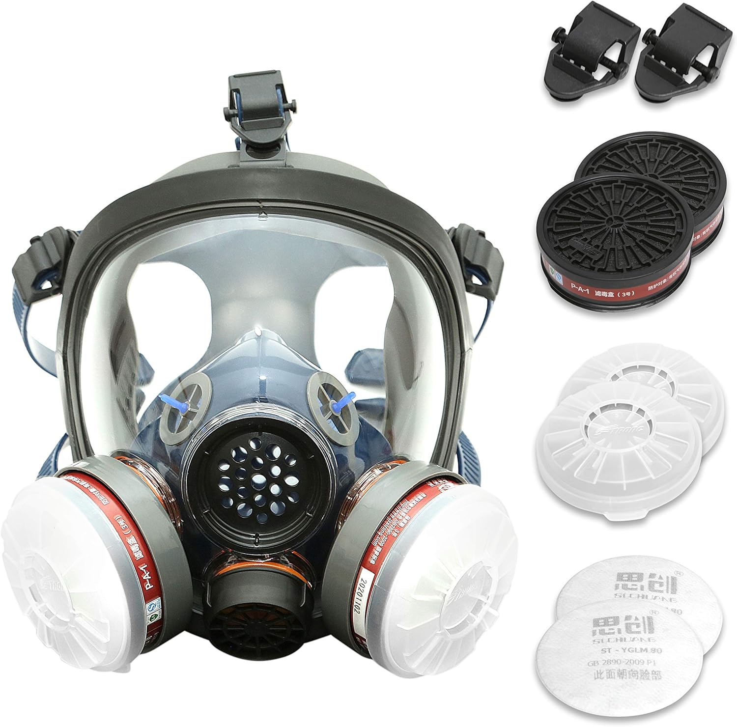 Full Face Organic Vapor Respirator - Protective Eye  Nose Shield with Anti-Fog Heavy Duty Lens  Adjustable - Chemical,  Particulate Respirator. Includes 2 Filter Cartridges - Industrial Grade