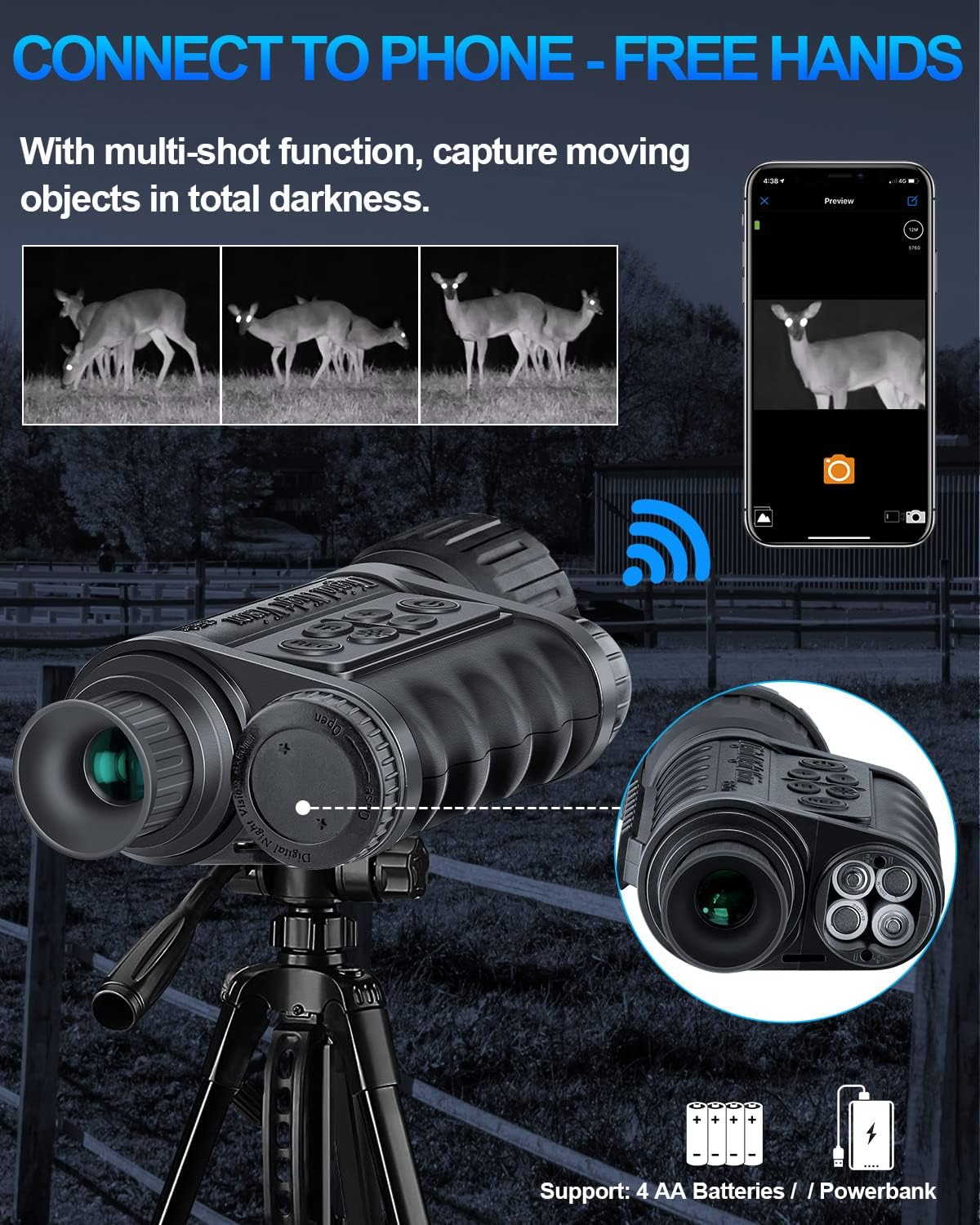 True WiFi Night Vision Monocular 32G Super HD in Full Darkness Clearly Infrared Camera Telescope 12MP Photo Video 5X Digital Zoom, Smartphone iOS/Android Night Watching Gear for Hunting Travel Gifts