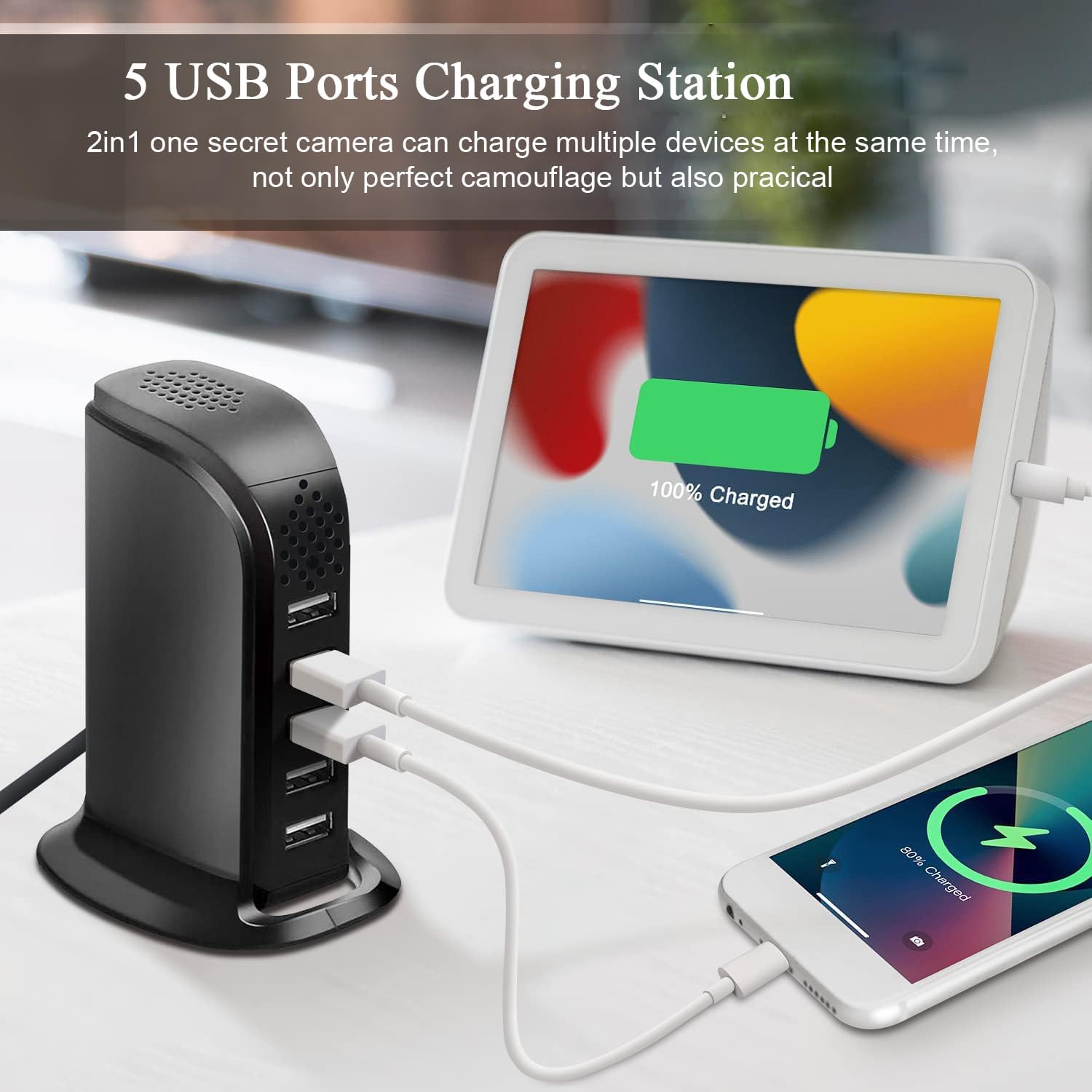 WiFi USB Charger Hidden Camera,1080P Mini Video Recording, Motion Detection, APP Remote View - Indoor Security Spy Camera with 5-Port USB Charging Station, Secret Nanny Cam for Home/Office, No Audio