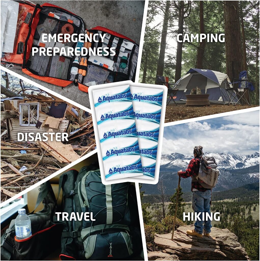 Aquatabs 49mg Water Purification Tablets (100 Pack). Water Filtration System for Hiking, Backpacking, Camping, Emergencies, Survival, and Home-Use. Easy to Use Water Treatment and Disinfection.