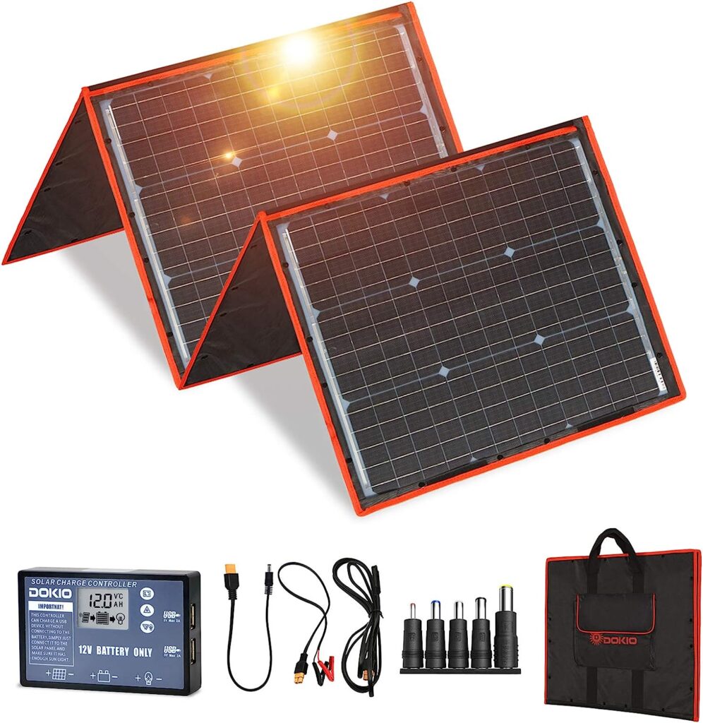 DOKIO 160W 18V Portable Solar Panel Kit (ONLY 9lb) Folding Solar Charger with 2 USB Outputs for 12v Batteries/Power Station AGM LiFePo4 RV Camping Trailer Car Marineâ¦