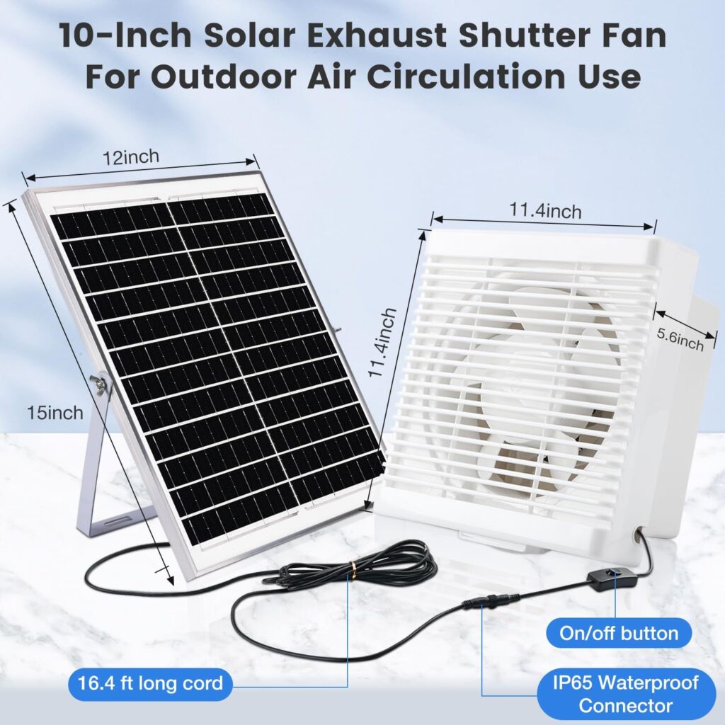 Fanspex Solar Powered Exhaust Fan, 20W Solar Panel 10-Inch Shutter Vent Fan Kit for Outside Greenhouse Shed Attic Chicken Coop, 36dB Low Noise, Up to 380 CFM