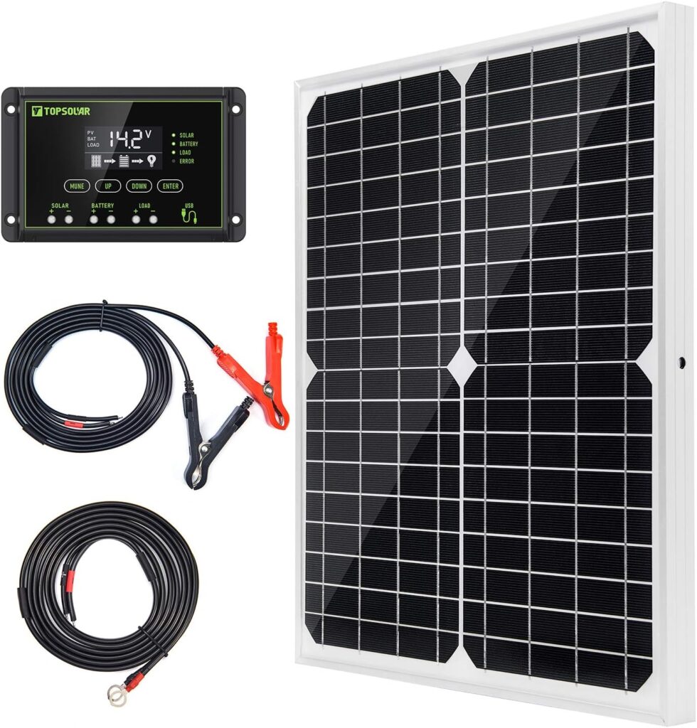 Topsolar Solar Panel Kit 20W 12V Monocrystalline with 10A Solar Charge Controller + Extension Cable with Battery Clips O-Ring Terminal for RV Marine Boat Off Grid System