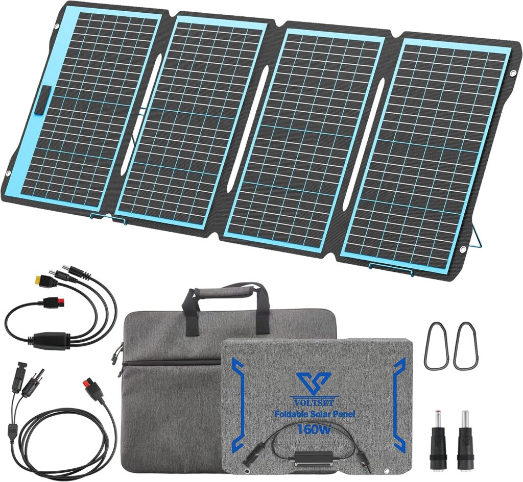 Voltset 160W 18V Portable Solar Panels, Foldable Solar Panel Charger of ETFE 23.5% High Efficiency with Adjustable Kickstand, Waterproof IP68 for Mobile Power Station RV Camping Off Grid