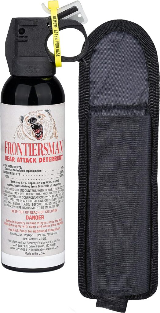 SABRE Frontiersman 7.9 oz. Bear Spray, Maximum Strength 2.0% Major Capsaicinoids, Powerful 30 ft. Range Bear Deterrent, Outdoor Camping  Hiking Protection, Quick Draw Holster  Multipack Options