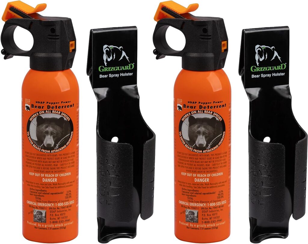 UDAP Pepper Power Bear Spray Self Defense Deterrent with Griz Guard Holster for Camping, Hiking, Fishing, Powerful Blast Pattern, 30 ft Fog Barrier, Safety Orange, SOG2, 7.9 oz, 2 Pack