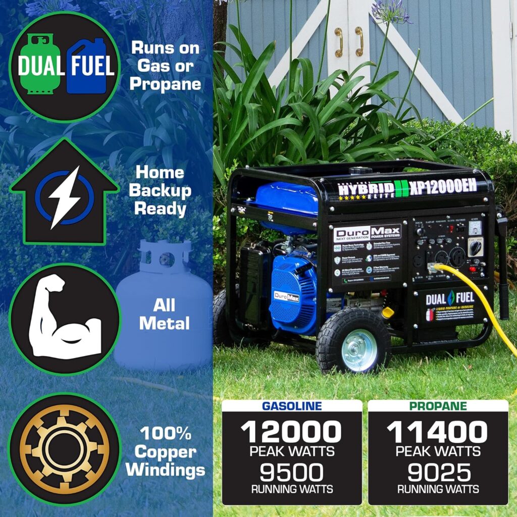 DuroMax XP12000EH Generator-12000 Watt Gas or Propane Powered Home Back Up  RV Ready, 50 State Approved Dual Fuel Electric Start Portable Generator, Black and Blue