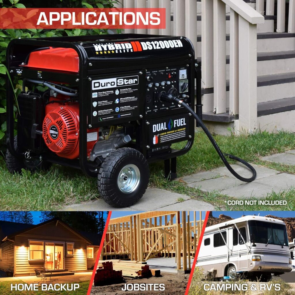 DuroStar 12000-Watt Gas or Propane Dual Fuel Electric Start Portable Generator, Home Back Up  RV Ready, 50 State Approved
