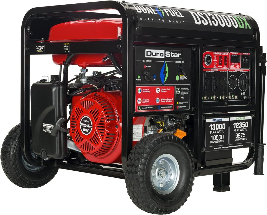 DuroStar DS13000DX 13,000-Watt/10,500-Watt 500cc Electric Start Dual Fuel Portable Generator w/ CO Alert