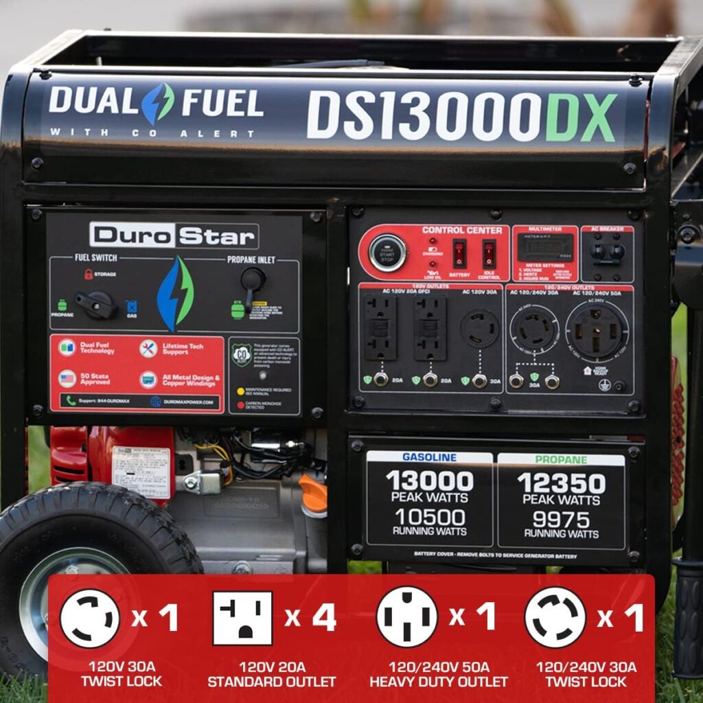 DuroStar DS13000DX 13,000-Watt/10,500-Watt 500cc Electric Start Dual Fuel Portable Generator w/ CO Alert