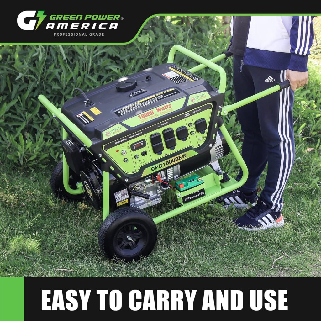 Green-Power America Gasoline Powered Portable Generator 10000 Watt, Recoil/Electric Start, 12V-8.3A Charging Outlets, Home Back Up  RV Ready, 49 State Approved（Excluding California）