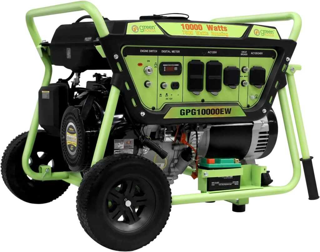 Green-Power America Gasoline Powered Portable Generator 10000 Watt, Recoil/Electric Start, 12V-8.3A Charging Outlets, Home Back Up  RV Ready, 49 State Approved（Excluding California）