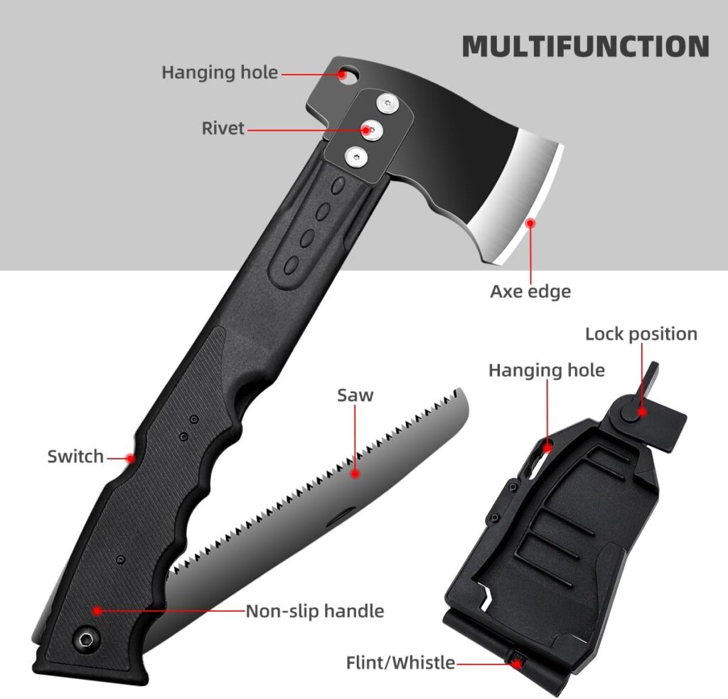 Multifunctional Hammer Head Axe Survival Tactical Tool - Folding Saw, Flintstone Whistle with Axe Sheath - Camping Hatchet Camping Axe Throwing Axe for Outdoor Hiking