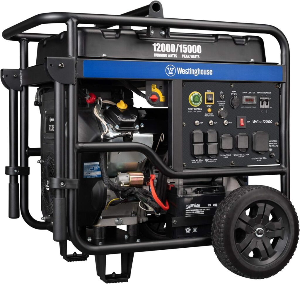 Westinghouse Outdoor Power Equipment 15000 Peak Watt Home Backup Portable Generator, Remote Electric Start with Auto Choke, Transfer Switch Ready 30A  50 Outlets, Gas Powered, CARB Compliant,Black